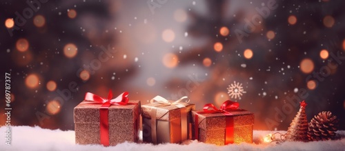 Christmas gift boxes with festive decorations and a snowy background capturing a joyful holiday atmosphere