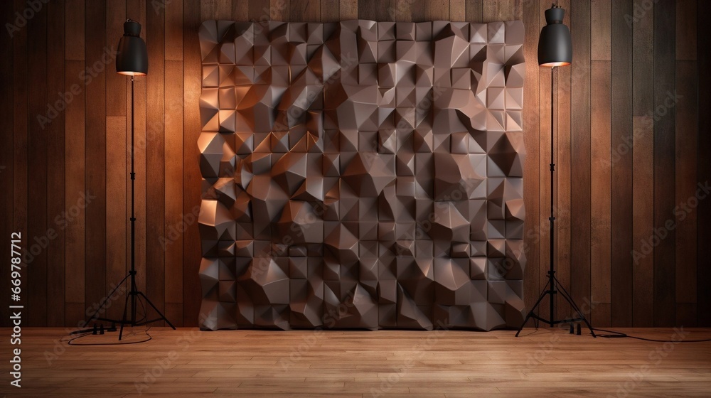 Brown acoustic panels against a wooden board panel pattern background, interior