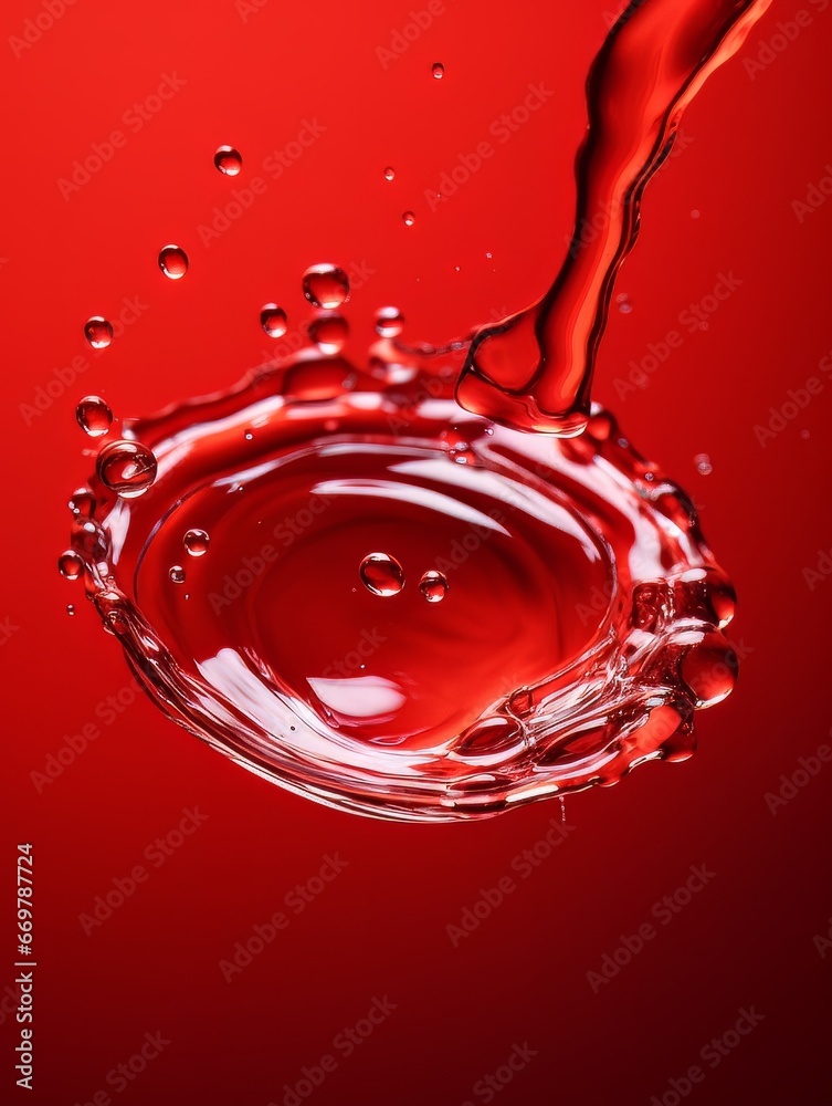 Fototapeta premium Crystal clear water drip splash on red background AI