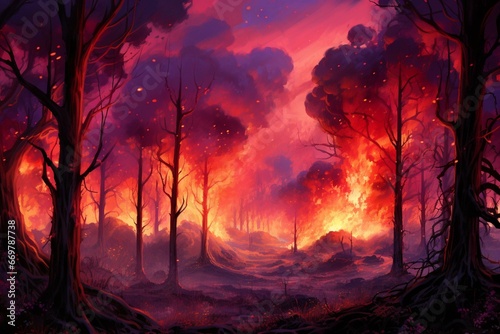 Burning forest. Evening scenery with vibrant purple and red hues. Imaginative artwork showcasing trees on fire. Generative AI © Amelia