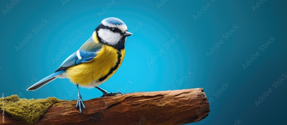 Fototapeta premium Blue tit cyanistes caeruleus against a blue backdrop