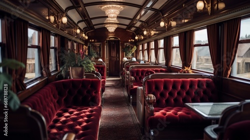 A luxurious vintage train car interior with rich leather seats and shades of deep burgundy, complemented by soft pearl gray
