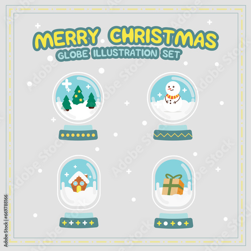 Merry Christmas Globe Illustration Set contains, snow man, houses, gifts, and pine trees with grey background