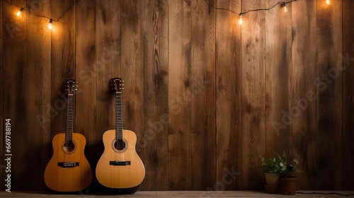 acoustic guitar on wooden table, Wooden board panel texture with acoustic panels in brown, home improvement, rustic interior