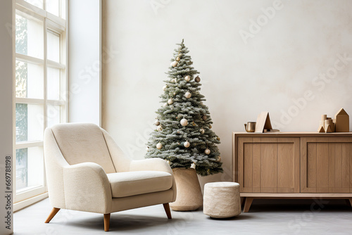 Living room christmas interior in modern style. Christmas tree with armchair on wall mockup.