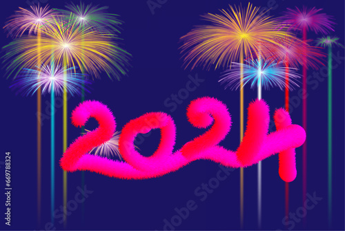 Happy New Year 2024 Drawing Blue Background Decorated With Colorful Fireworks