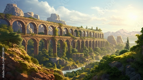 Fotografia A majestic, ancient aqueduct stretching across a rugged, sun-drenched landscape