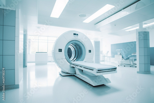 Modern MRI - magnetic resonance imaging - scanner machine in hospital room. Lab with MRI scan machine. Healthcare and medical concept. Generative AI. photo