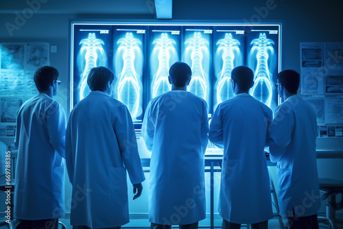 Scientist or doctor teams analyzing body x-ray exam picture on display monitor screen on laboratory. Medical with futuristic technology concept. Generative AI. photo