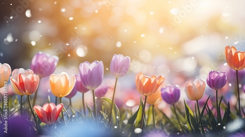 different colored flowers field rain sunset warm spring white sparkles sunlight beams tulip nature floral aesthetics cute garden snow flurry warmly lit photo