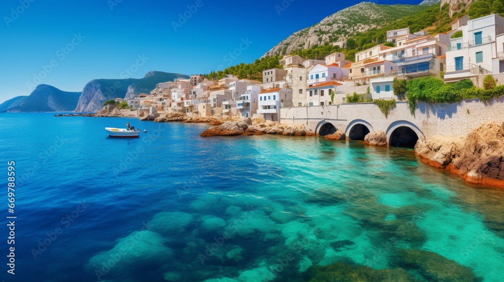 A Mediterranean seascape with vibrant azure waters contrasted by sun-bleached white buildings and terracotta roofs