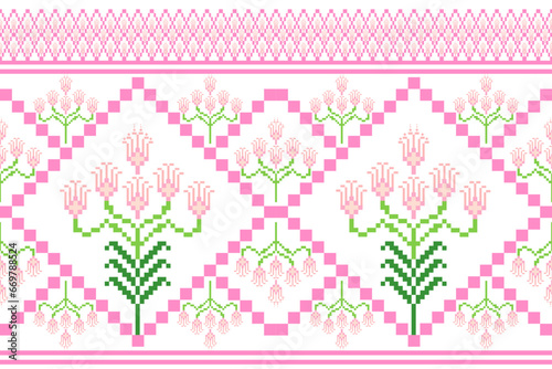 Floral Cross Stitch Embroidery on white background.geometric ethnic oriental seamless pattern traditional.Aztec style abstract vector illustration.design for texture,fabric,clothing,wrapping, sarong.