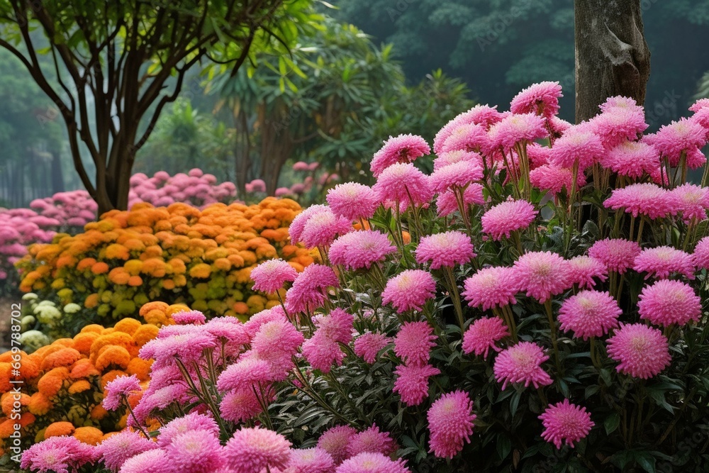 Vibrant chrysanthemum flowers amidst a Thai garden. Generative AI