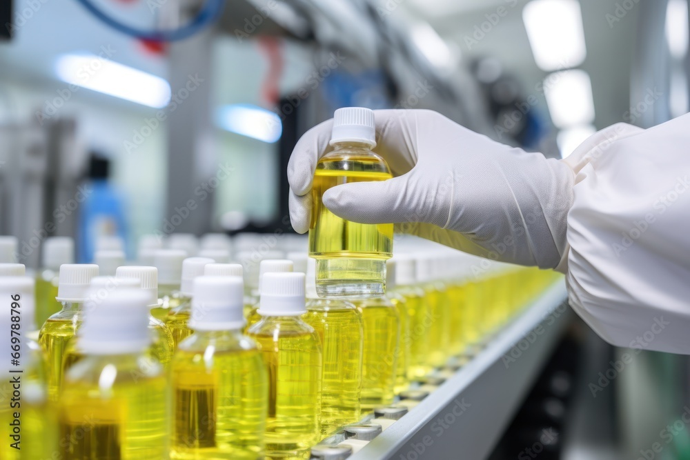 Hands with sanitary gloves examining Medical a production line in a factory with Generative AI. Hands with sanitary gloves examining Medical a production line in a factory with Generative AI.