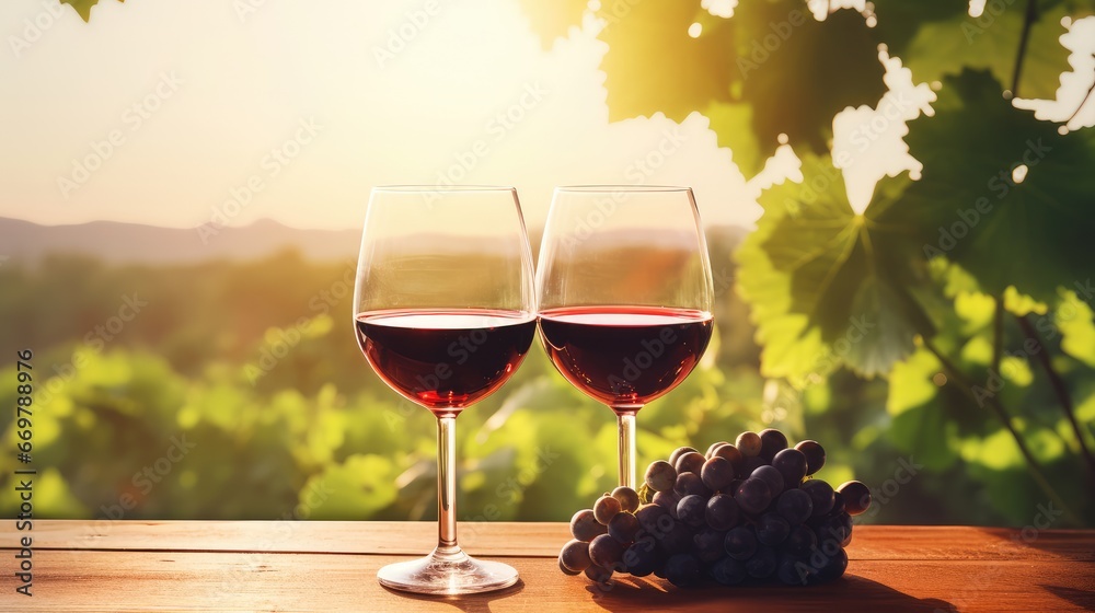 wine glass with red wine on a wooden table overlooking a vineyard in clear weather. raw materials for making wine. copy space.