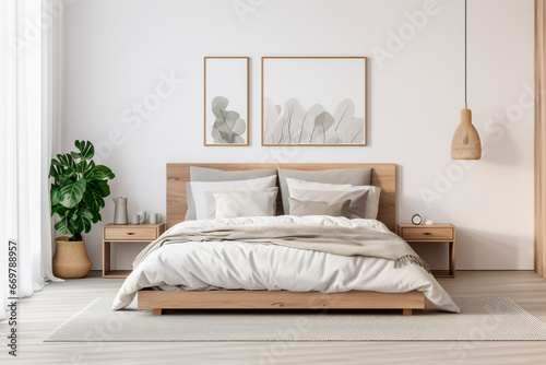 A stylish modern bedroom with a comfortable bed  showcasing an inviting home interior design.  