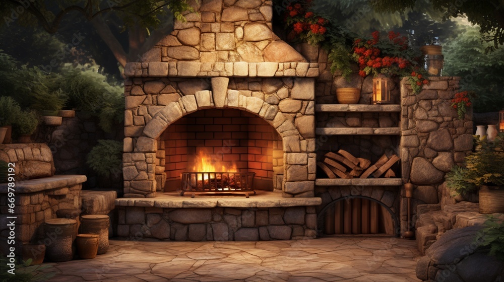A meticulously designed outdoor fireplace nestled among rustic stone pavers