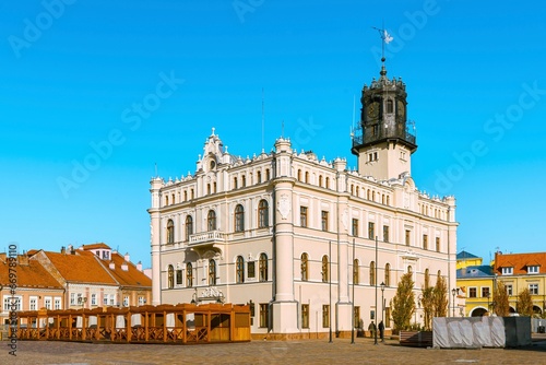 The center of the Market Square in the city of Yaroslav, Poland is decorated with the city hall - a neo-Renaissance building that harmoniously fits into the ensemble of ancient buildings.