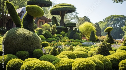 A meticulously manicured topiary garden with whimsical, sculpted shrubbery photo