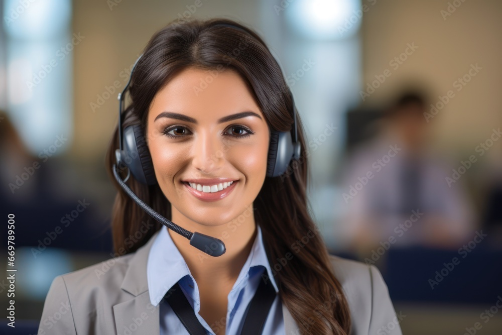 Portrait of a smiling customer service agent, little blur. Created with Generative AI Portrait of a smiling customer service agent, little blur. Created with Generative AI