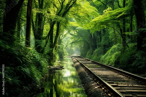 Nature's beauty: lush forest, flowing river, and nearby railroad. Generative AI