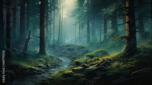 A misty forest scene with deep emerald greens and hints of golden sunlight filtering through the trees photo