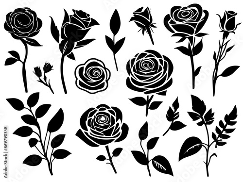 SVG Flower Bundle, Flower Clipart, svg Leaves, flowers in black and white