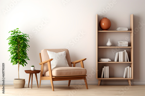 In the modern living room, a Scandinavian interior design is highlighted by a wooden bookshelf and an armchair. 