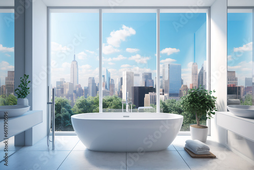 A modern bathroom's interior design includes a white bathtub with a panoramic window offering a city view.  © Uliana