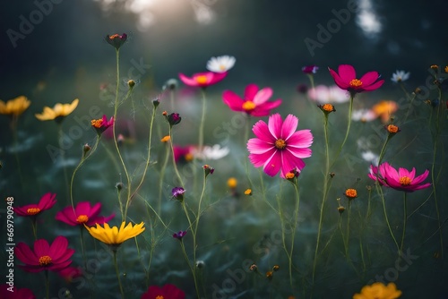 Enchanted garden. Colorful Cosmos Flowers. Blurred  foggy  magic fairy atmosphere.