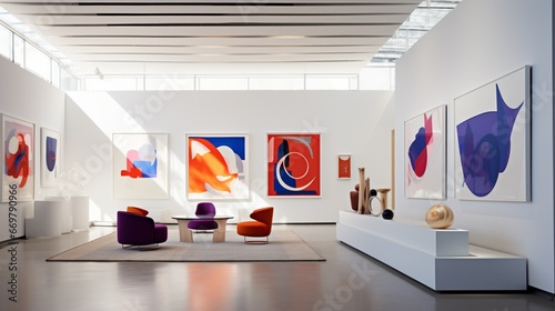 A modern art gallery space with clean white walls and abstract artworks in bold strokes of cobalt, vermillion, and deep plum
