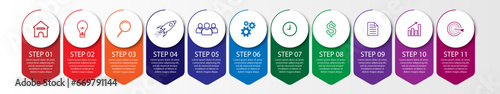 11 step infographic, simple infographic business design with related circle shapes, with lines and colors and symbols. suitable for your business presentation
