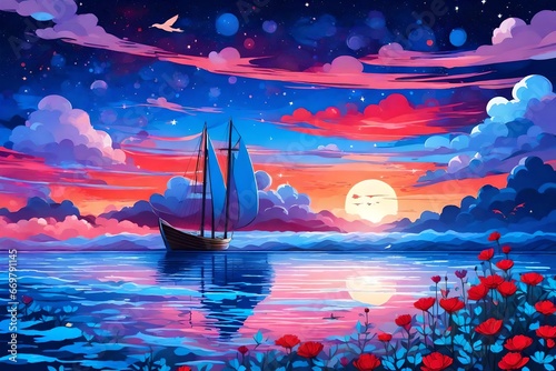 Fantasy starry night sea after sunset, boat full of flowers, pigeon flying, blue red cloudy sky on water wave reflection on horizon skyline nature