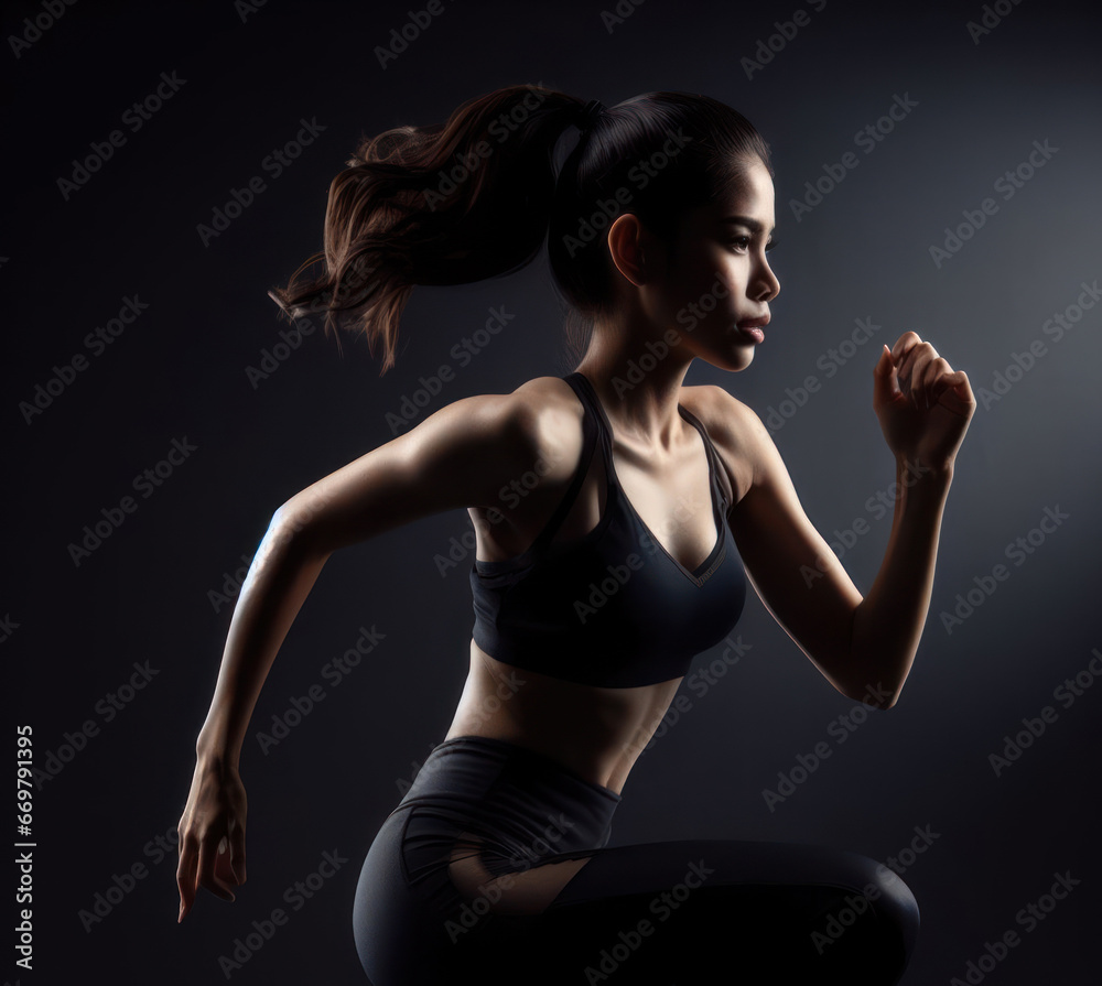 woman in exercise clothes jogging In a dark room with studio lights