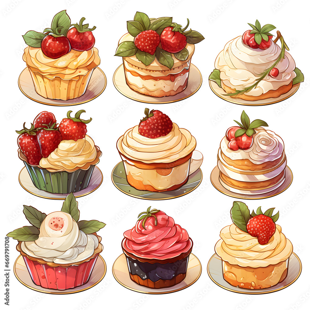 Cupcakes, sweet desserts, watercolor illustrations Cupcakes, sweet desserts, watercolor illustrations