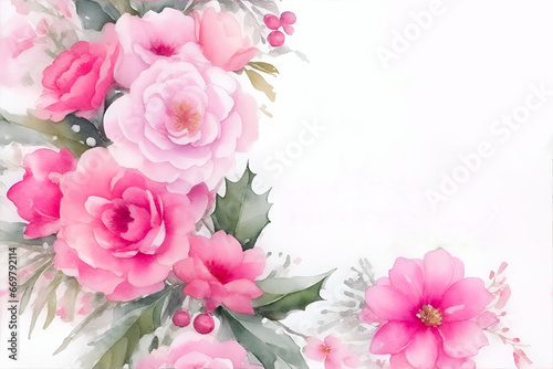 Watercolor flower border frame. Greeting card template with copy space. © Taywan