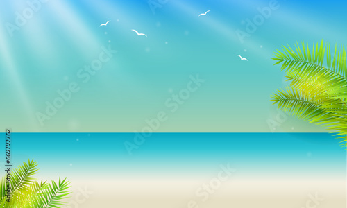 Beach style summer illustration with palm trees and birds peaceful landscape. 