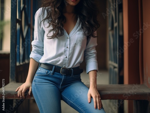 female model pose with blue jeans outdoor