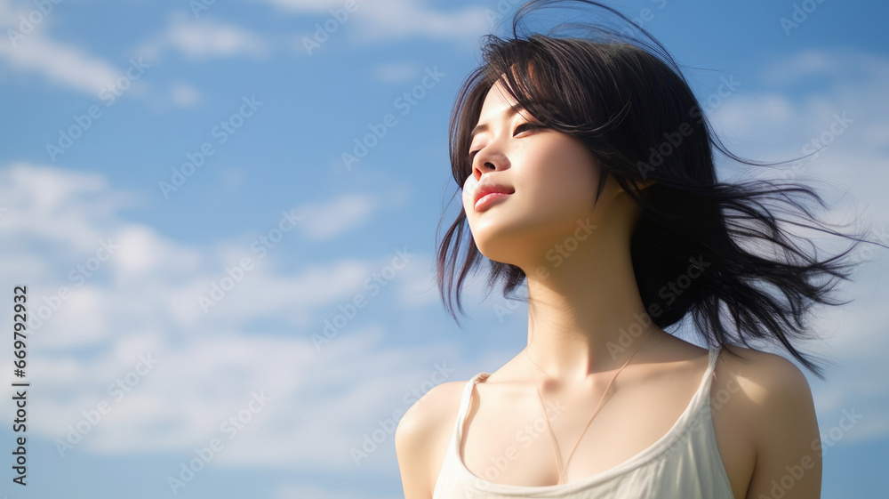 Young Japanese woman with radiant smile practicing yoga outdoors generative ai