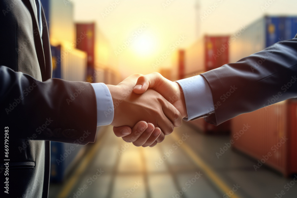 businessman handshake of business deal with logistic. Generative AI. - obrazy, fototapety, plakaty 