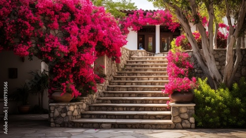 Photographie A picturesque stone staircase flanked by vibrant, cascading bougainvillaeas