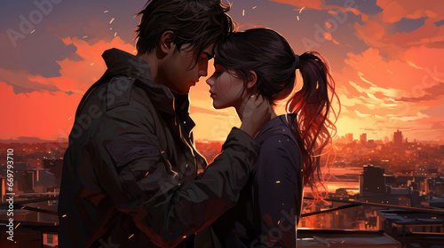 couple kissing at sunset