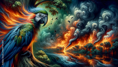 The Impact of Amazon Rain-Forest Fires: Macaws' Struggle for Survival in the Amazon © Tekweni
