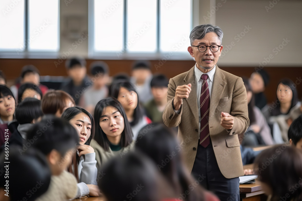 Asian University professor lectures to classroom full of multiethnic