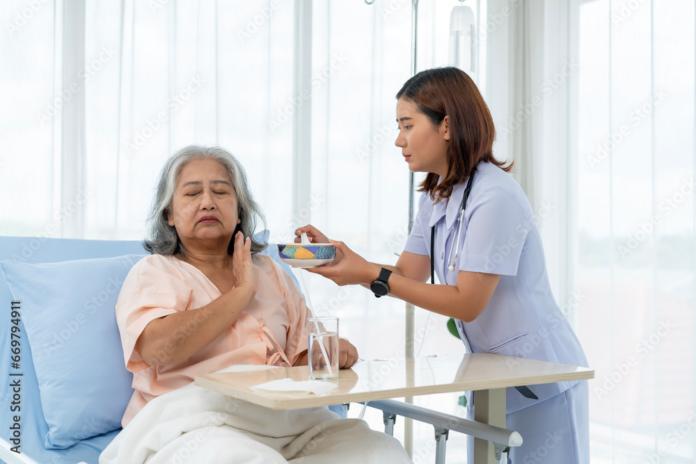 A nurse cares for and feeds an elderly Asian patient but she has anorexia. A nurse cares for and feeds an elderly Asian patient but she has anorexia.