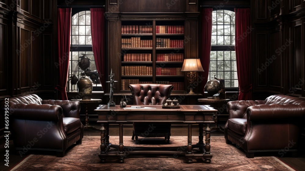 A regal study with dark wood paneling, a monumental desk, and leather-bound volumes, exuding an air of timeless sophistication and intellectual prowess