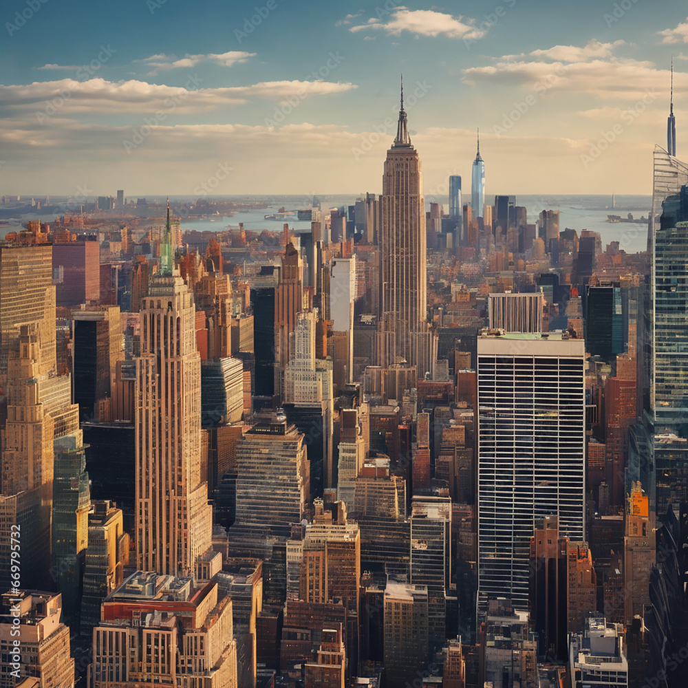 Aerial view of the New York skyline on a sunny morning
