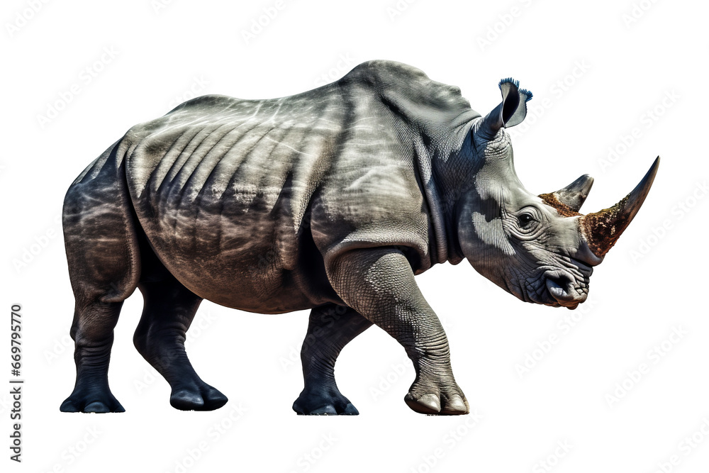 Isolated side view of walking rhino on transparent background.generative ai Isolated side view of walking rhino on transparent background.generative ai