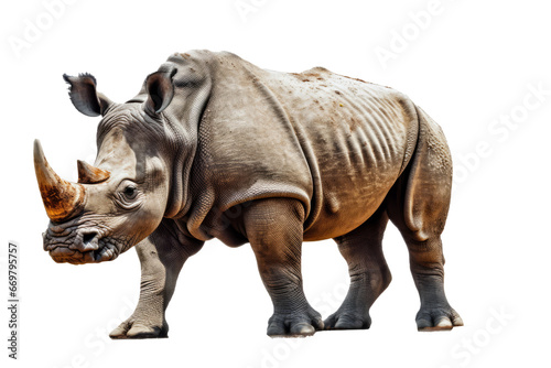 Isolated side view of walking rhino on transparent background.generative ai
