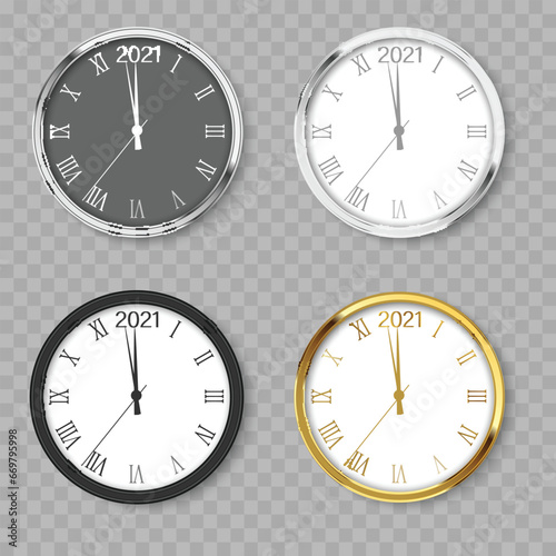Set of wall clocks for Xmas on transparent background. Vector